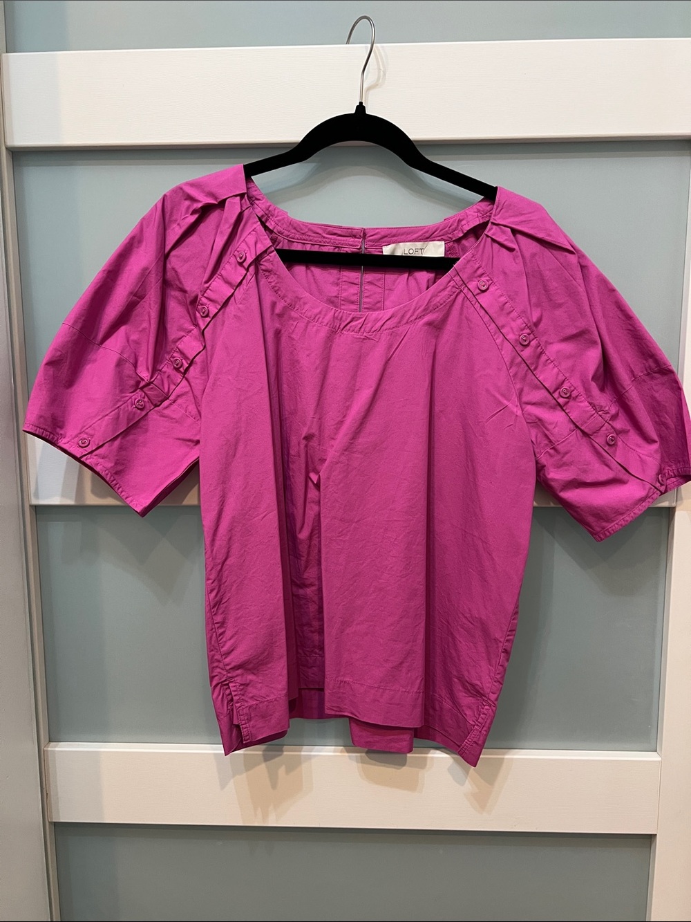 LOFT Fuchsia Puff-Sleeve Button-Trim Blouse